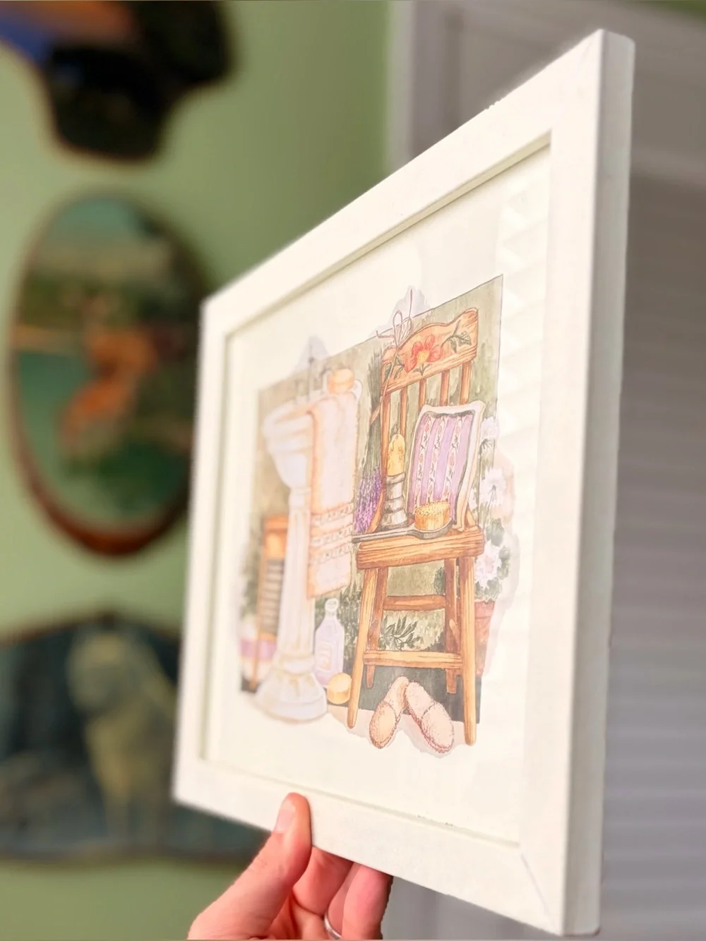 Framed Vintage Still Life Woman's Bathroom Scene Lavendar, Sink, Slippers